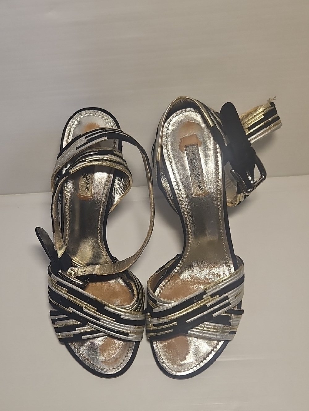Dolce & Gabbana Black Silver Leather Colorblock Criss-Cross Heeled Sandals Sz 38 - Picture 3 of 11